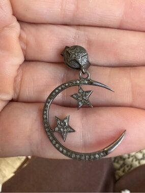 Vintage Sterling Silver Crescent Moon and Star Earring w/ Micro Pave Diamonds